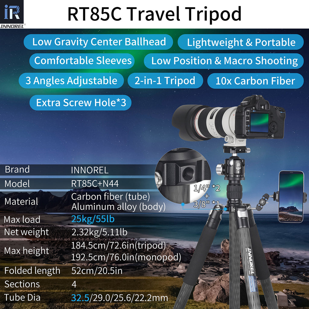 RT85C tripod with N44 ballhead specifications including 184.5cm max height 2.32kg weight 25kg load 10-layer carbon tube
