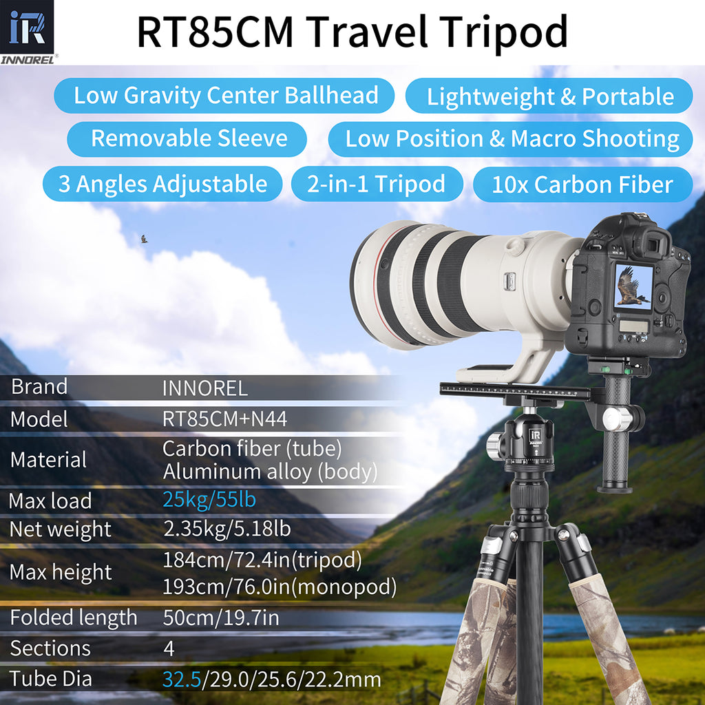 RT85CM tripod with N44 ballhead specifications including 184cm max height 2.35kg weight 25kg load 10-layer carbon tube