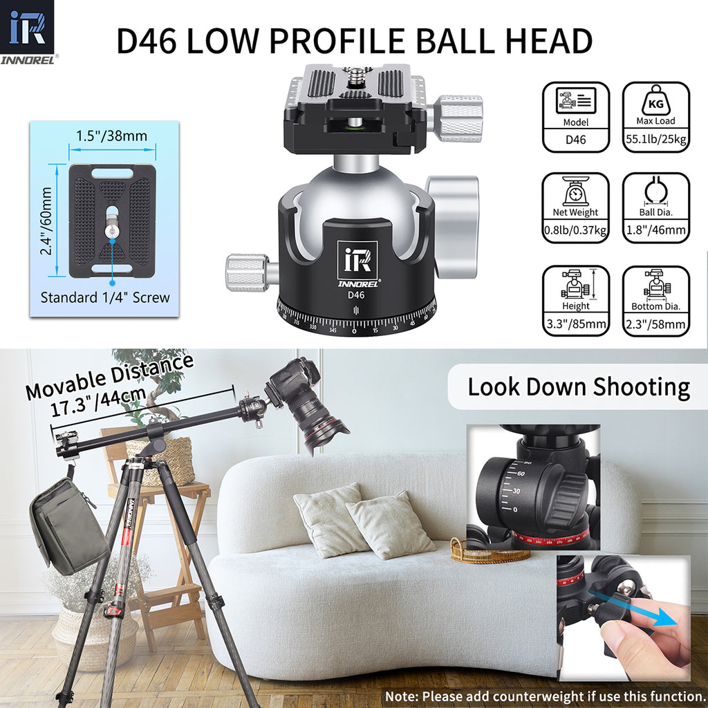 INNOREL D46 ballhead features double U notch allows vertical shooting anti-lost knobs prevent losing parts