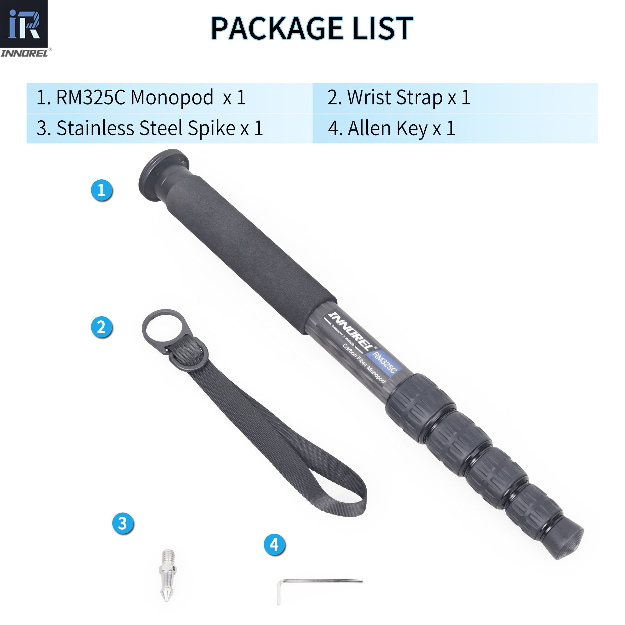package contents RM325C Monopod Wrist Strap Stainless Steel Spike Allen Key