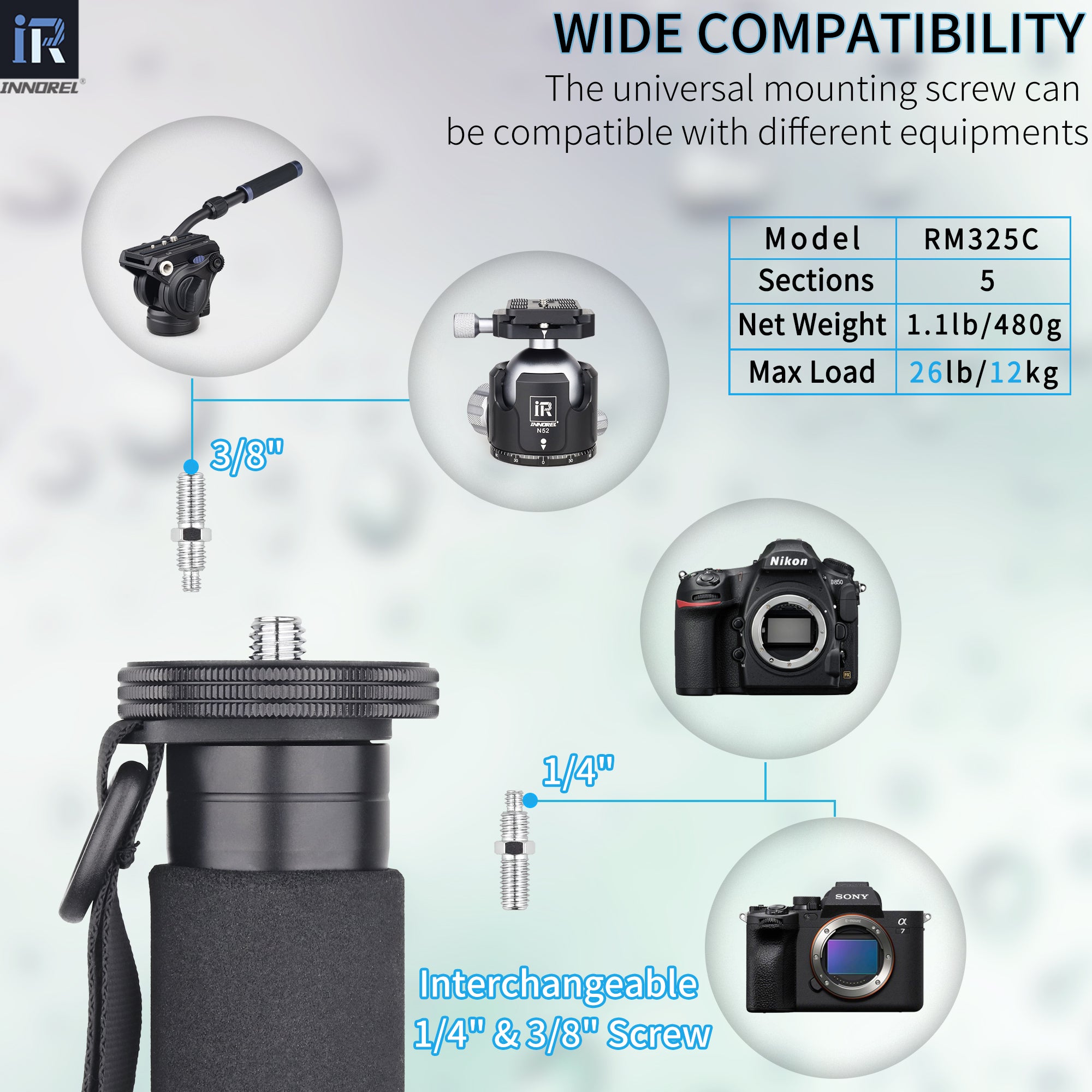 INNOREL monopod RM325C universal mounting screw can be compatible with different equipments