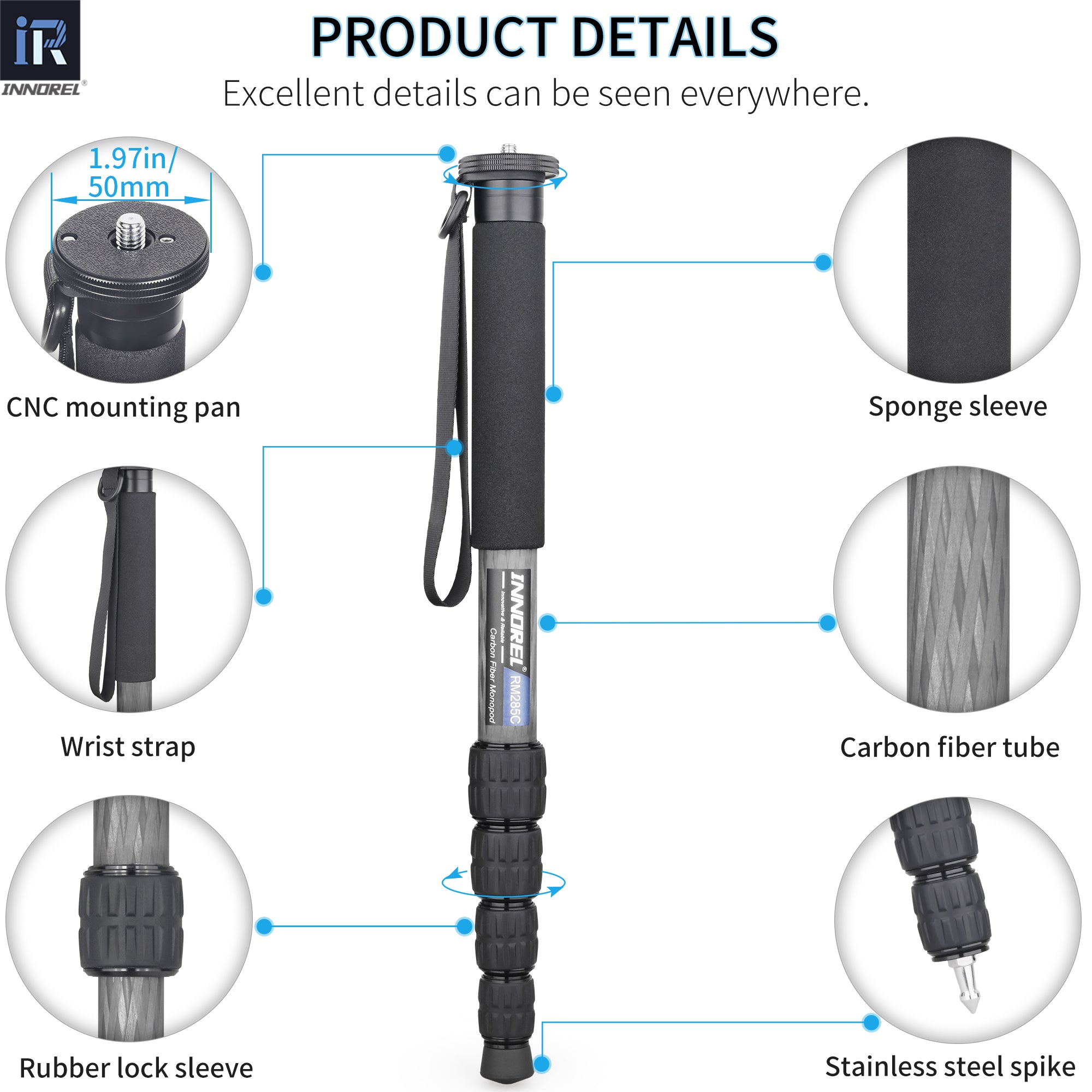 INNOREL monopod RM325C CNC mounting pan Sponge sleeve Carbon fiber tube Rubber lock sleeve Wrist strap Stainless steel spike