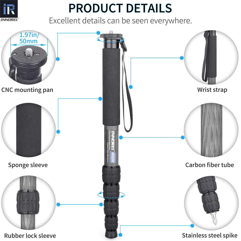 INNOREL monopod RM325C CNC mounting pan Sponge sleeve Carbon fiber tube Rubber lock sleeve Wrist strap Stainless steel spike