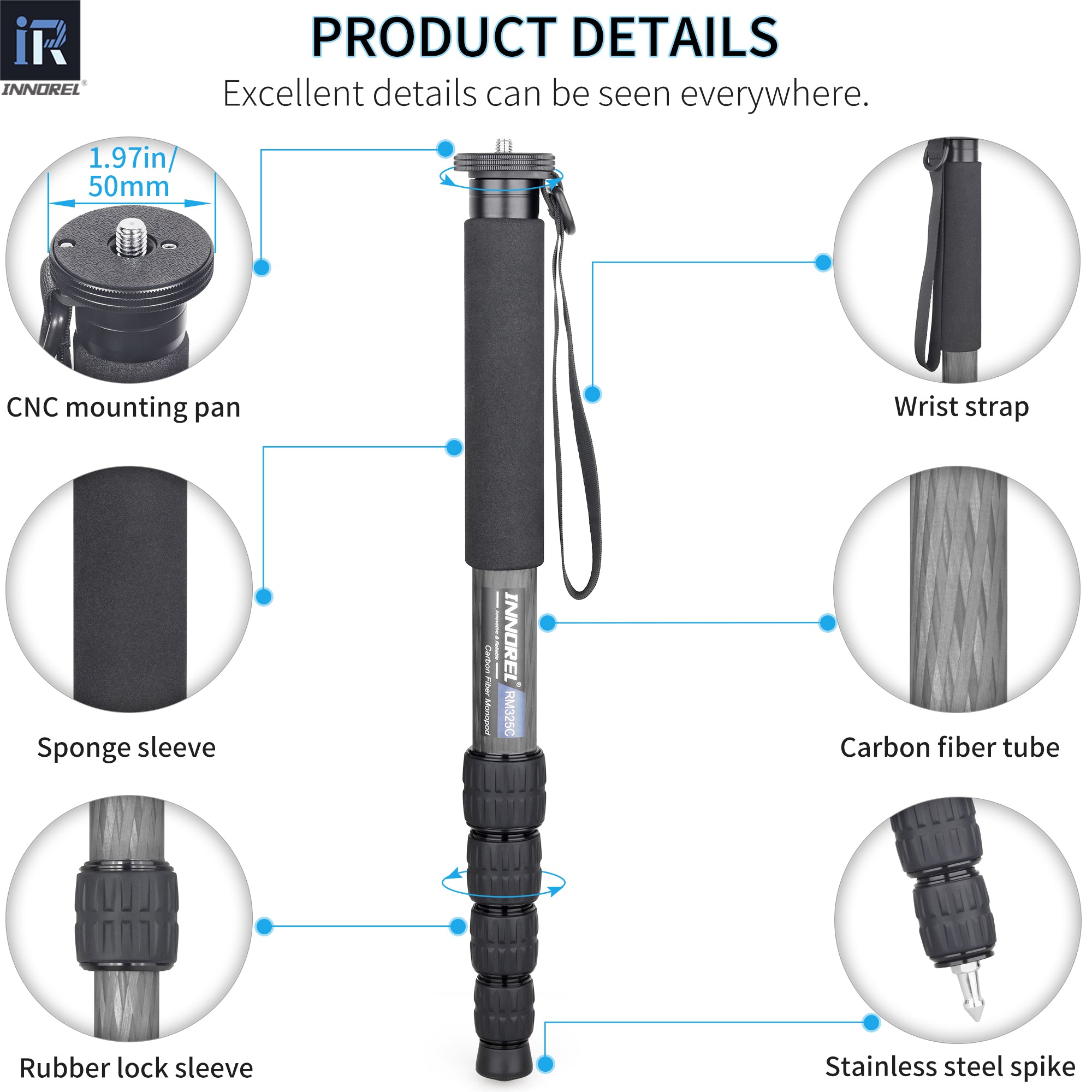 INNOREL monopod RM325C CNC mounting pan Sponge sleeve Carbon fiber tube Rubber lock sleeve Wrist strap Stainless steel spike