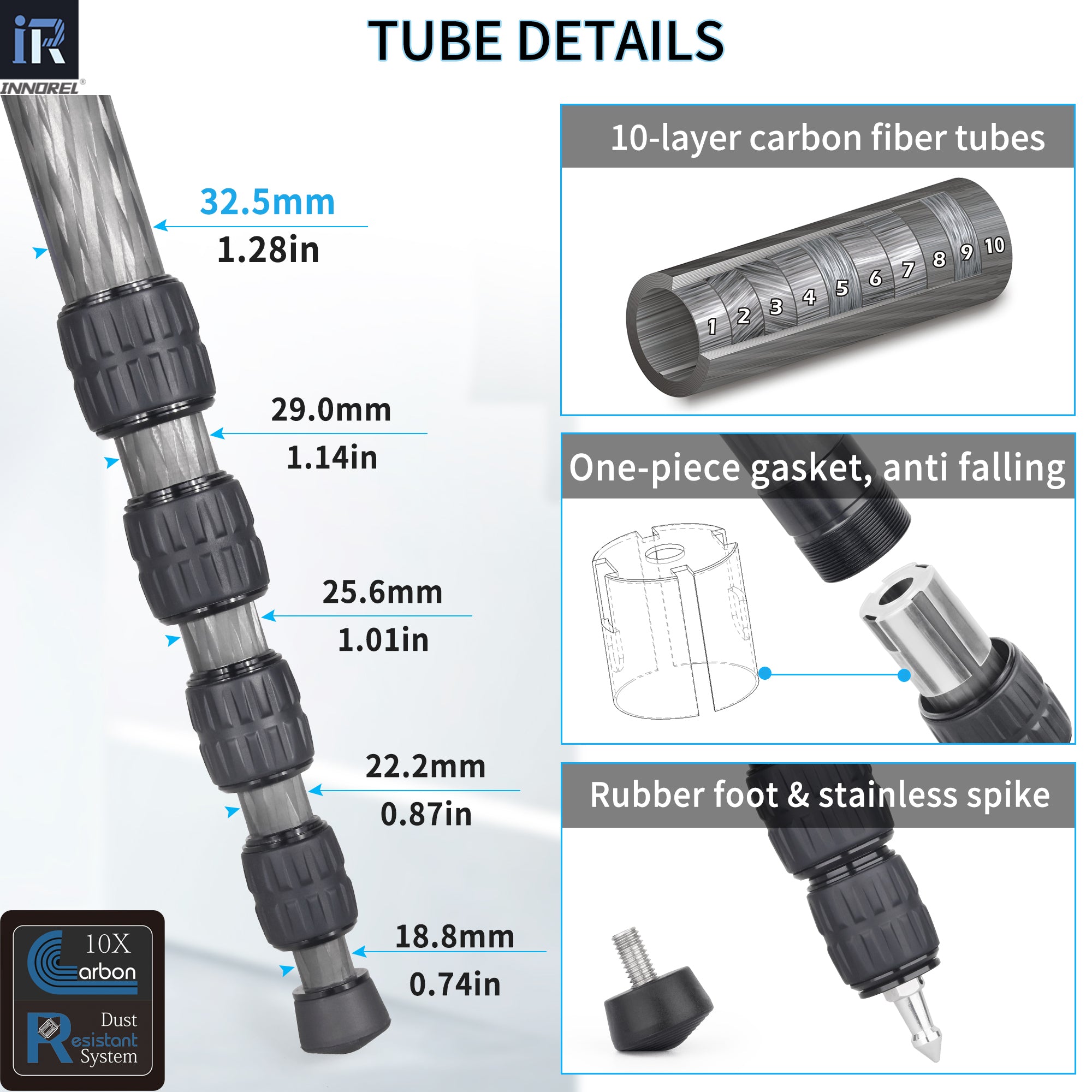 INNOREL monopod RM325C with 10-layer carbon fiber tubes