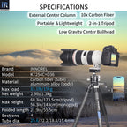 KT254C tripod with D36 ballhead specifications including 173.5cm max height 1.3kg weight 15kg load 10-layer carbon tube