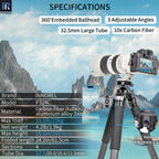 P324C tripod specifications including 166.5cm max height 1.9kg weight 25kg load 10-layer carbon tube