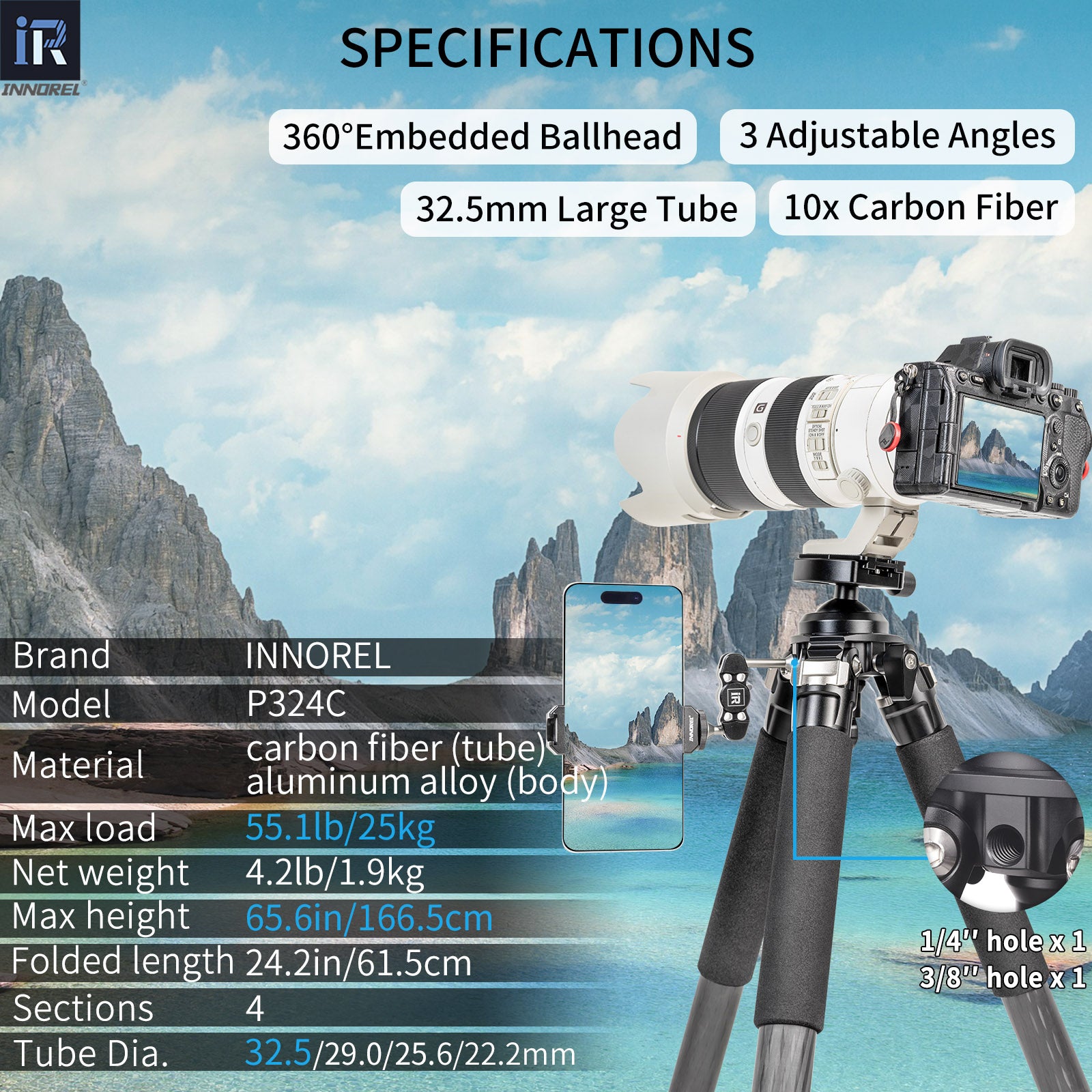 P324C tripod specifications including 166.5cm max height 1.9kg weight 25kg load 10-layer carbon tube