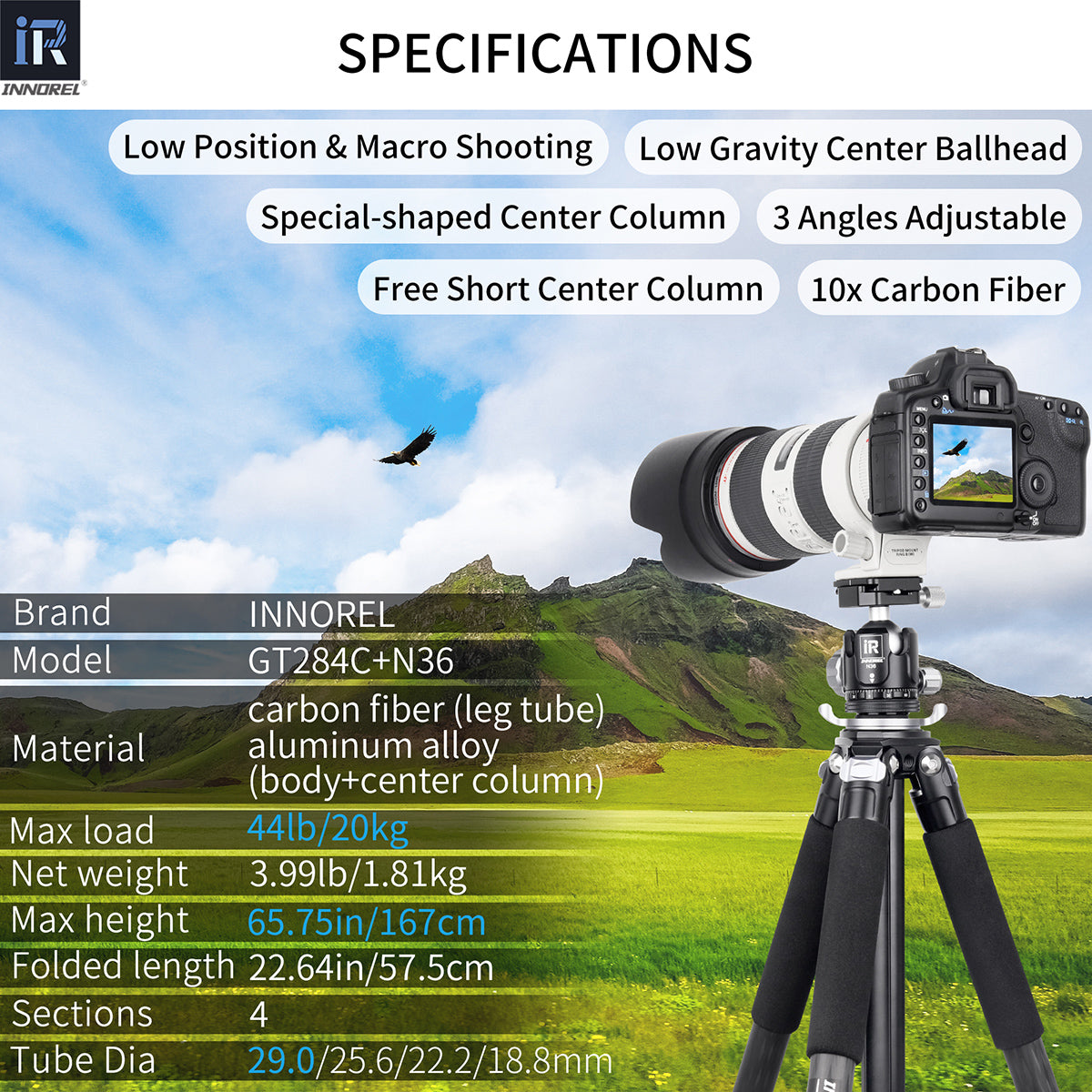 GT284C tripod with N36 ballhead specifications including 167cm max height 1.81kg weight 20kg load 10-layer carbon tube