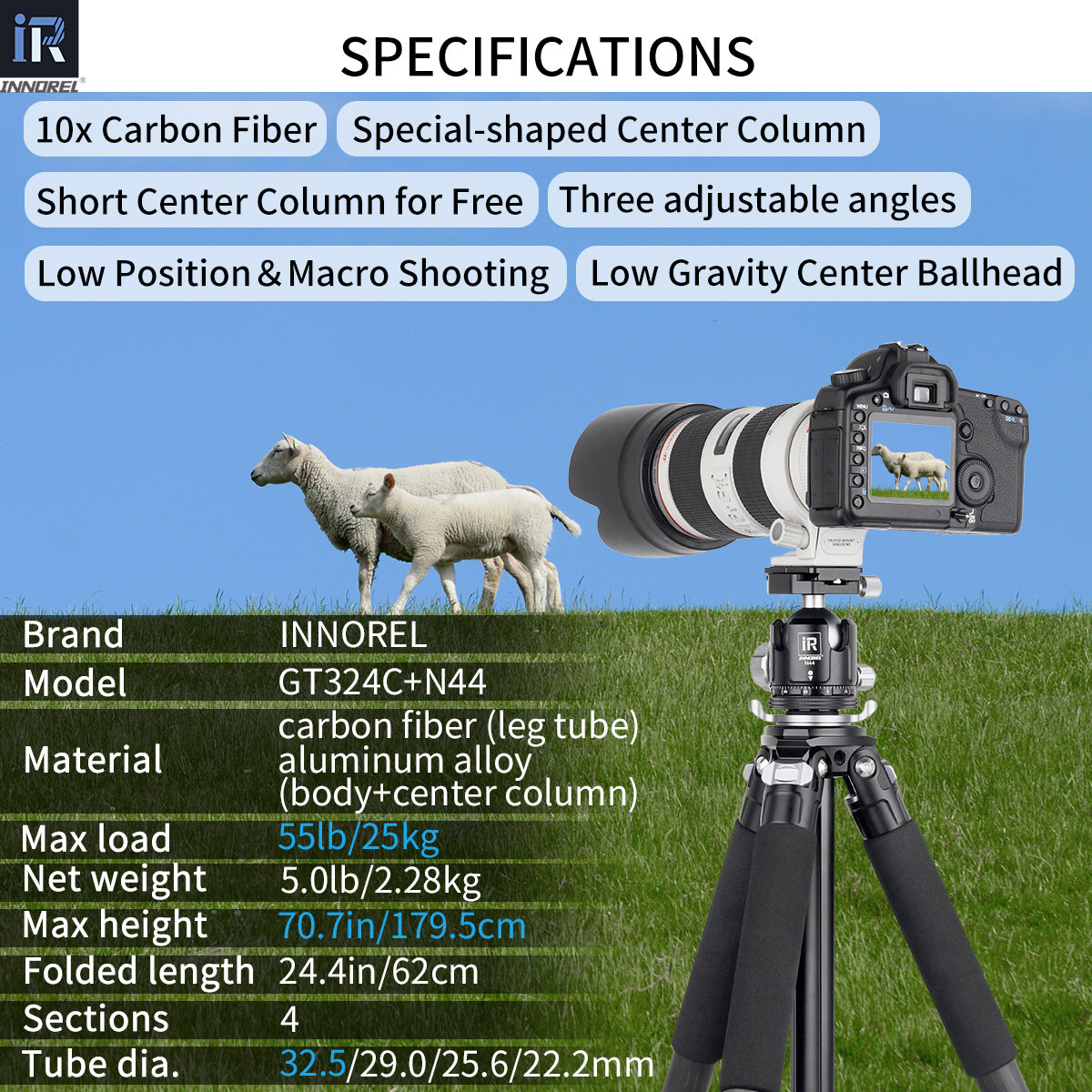 GT324C tripod with N44 ballhead specifications including 179.5cm max height 2.28kg weight 25kg load 10-layer carbon tube