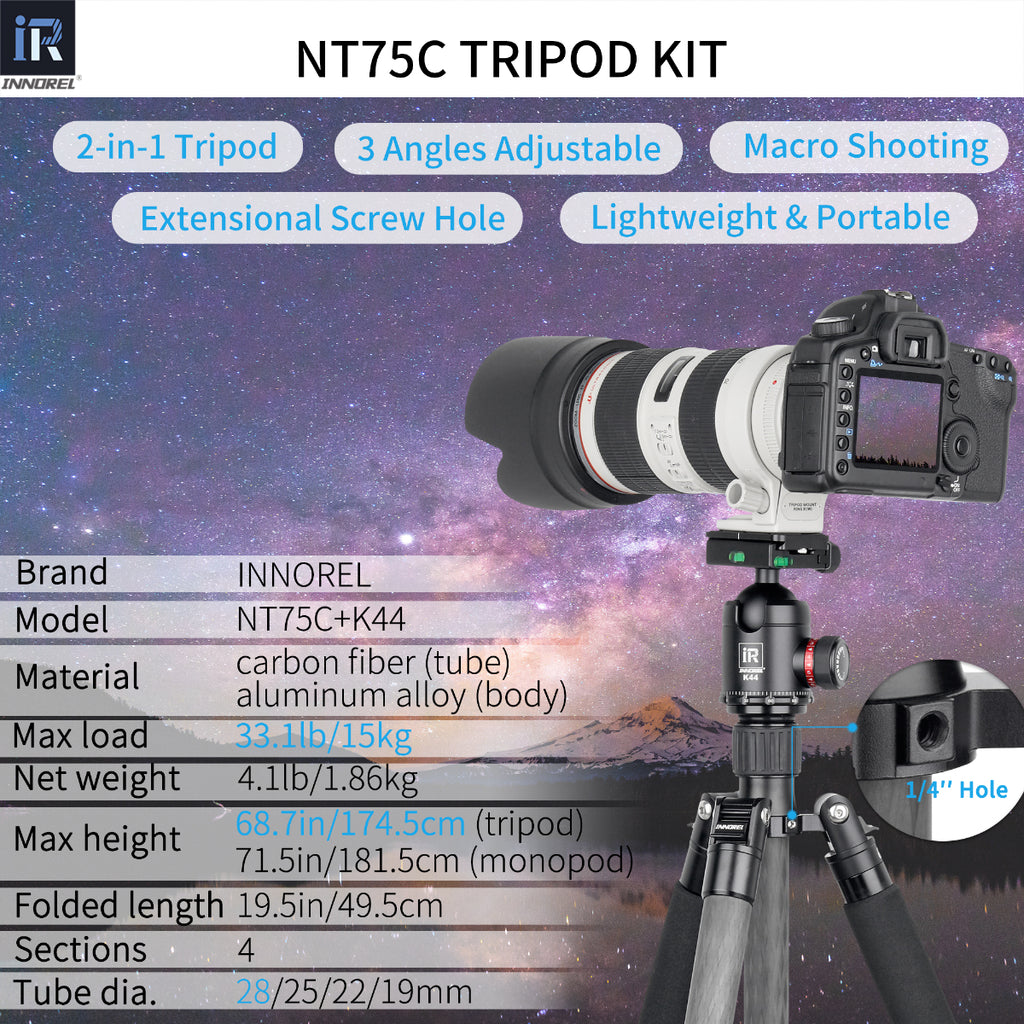 INNOREL lightweight portable NT75C tripod with K44 ballhead specifications including 181.5 maximum height 15kg max load capacity 