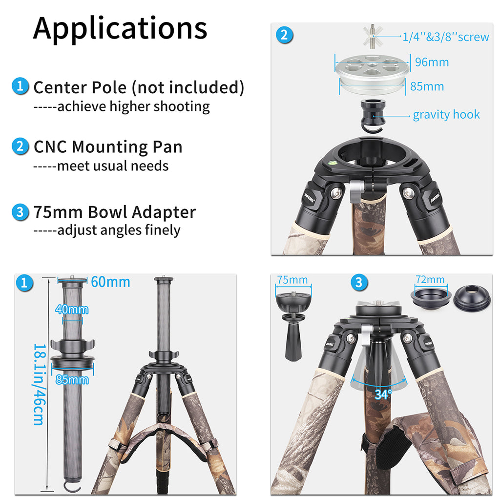 center pole to achieve higher shooting, 75mm bowl adapter to adjust angles finely