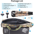 brown camouflage tripod bag, 75mm bowl adapter, allen key, stainless steel spike