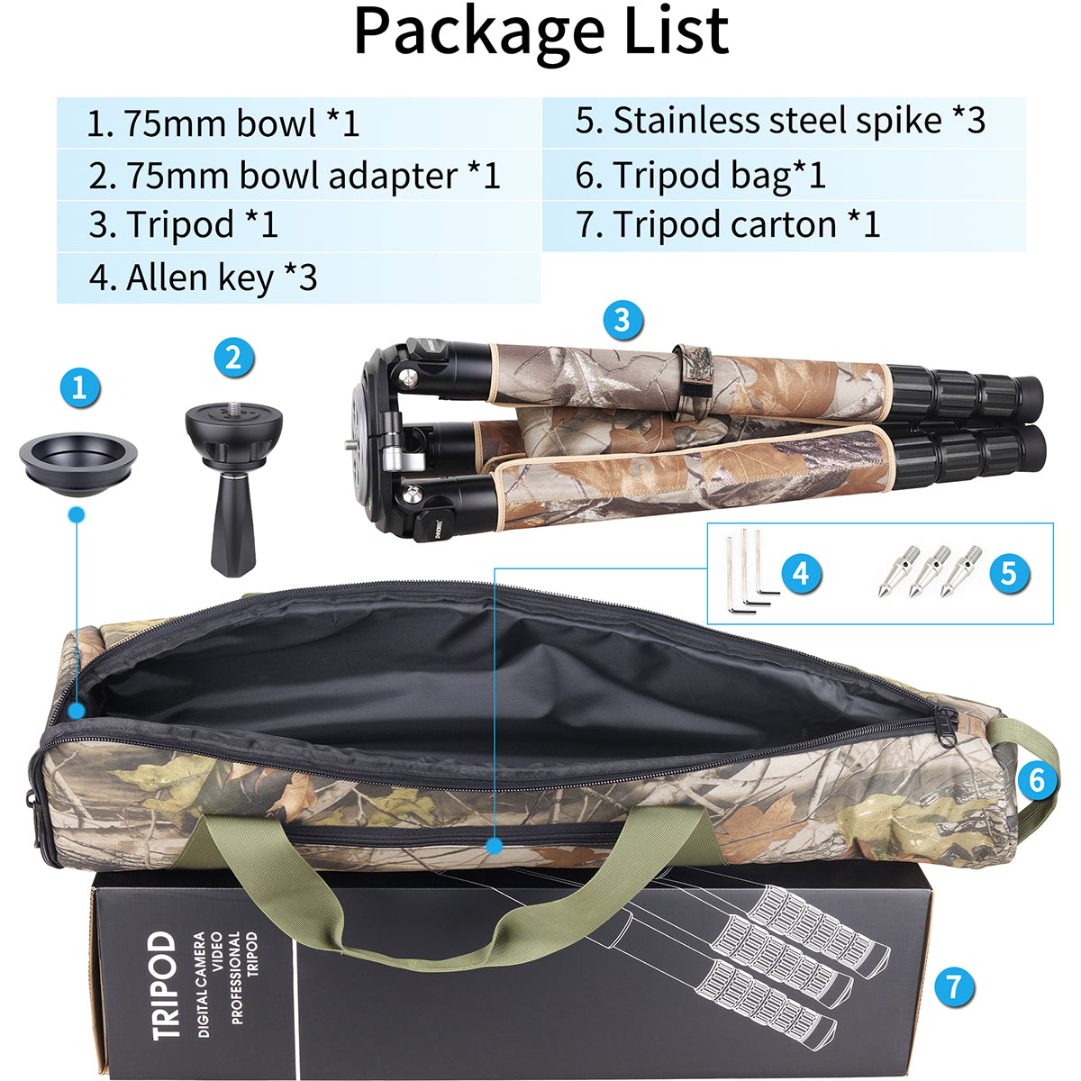 brown camouflage tripod bag, 75mm bowl adapter, allen key, stainless steel spike