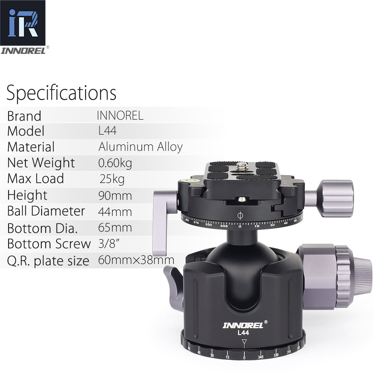 25kg aluminum alloy tripod ballhead L44 with 60*38mm arca swiss plate