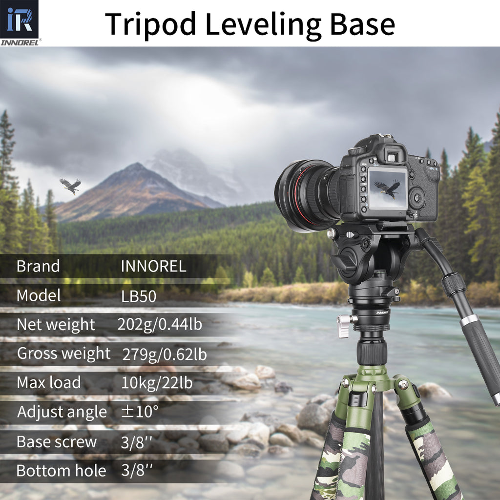 INNOREL LB50 tripod leveling base with 10kg load capacity supports professional DSLR and telephoto lens