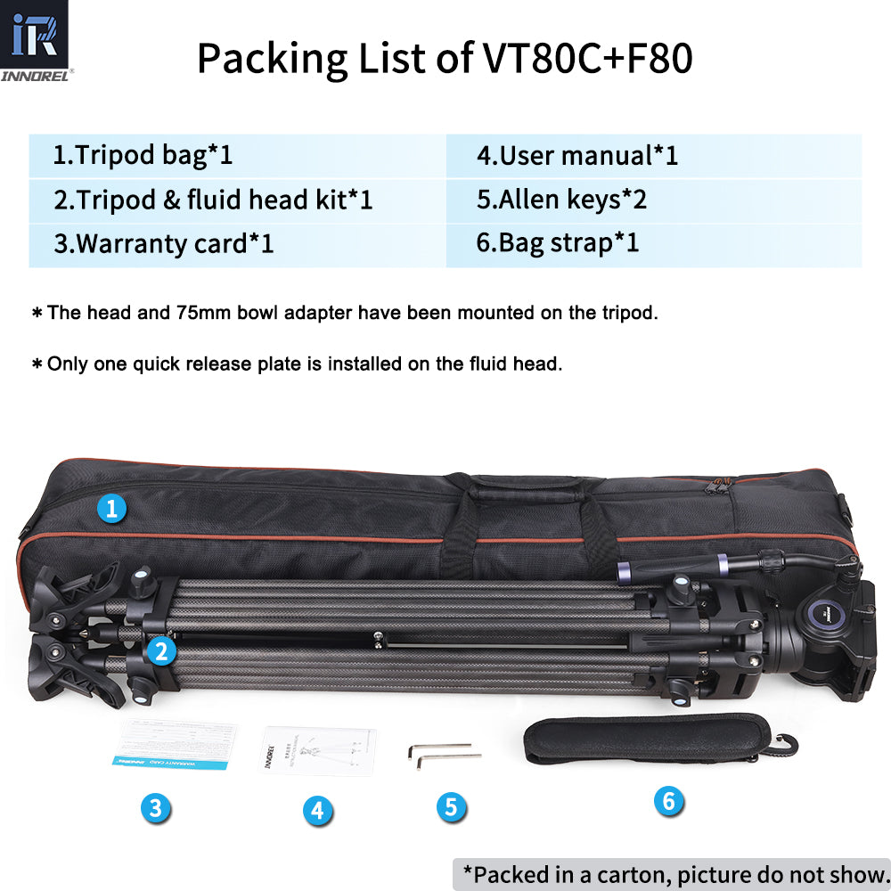 Tripod bag*1 User manual*1 Tripod & fluid head kit*1 Allen keys*2 Warranty card*1 Bag strap*1