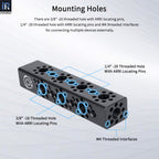 There are 3/8" -16 threaded hole with ARRI locating pins, 1/4" -20 threaded hole with ARRl locating pins and M4 threaded interfaces