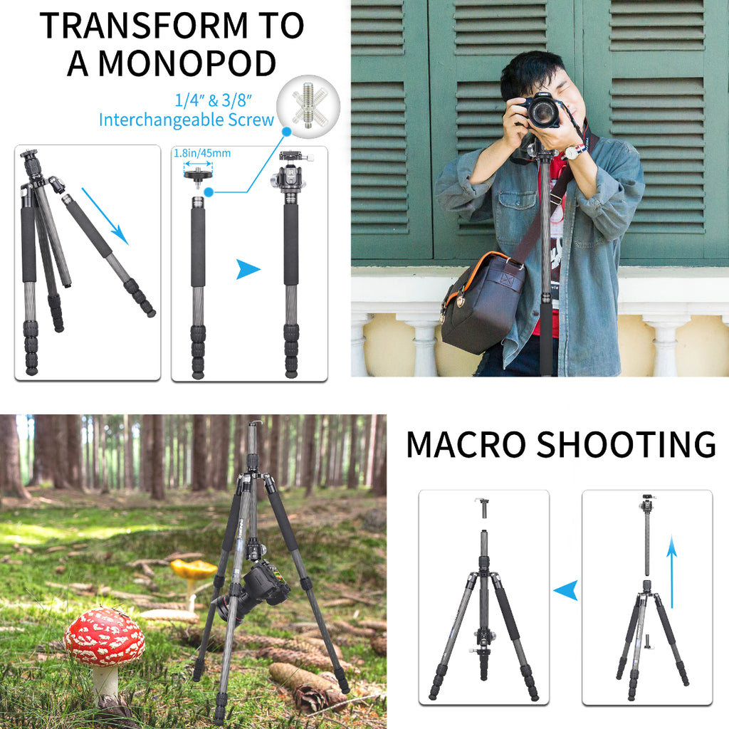 RT45C can transform to a monopod and achieve macro shooting