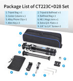 INNOREL CT223C+D28 package contents tripod with D28 ballhead tripod bag allen key center column phone clip magic arm Q.R.Plate screw allen key