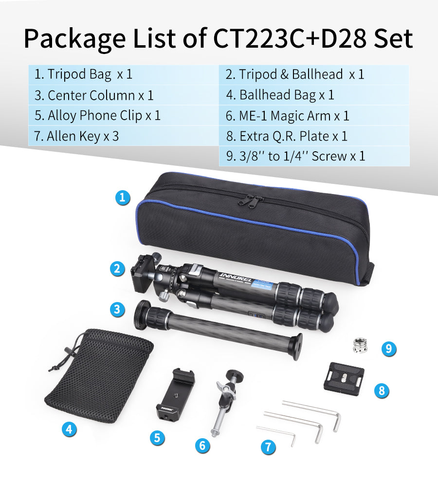 INNOREL CT223C+D28 package contents tripod with D28 ballhead tripod bag allen key center column phone clip magic arm Q.R.Plate screw allen key