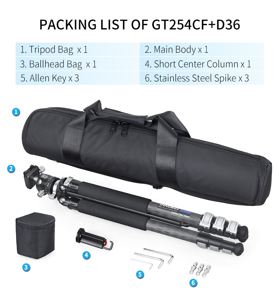 INNOREL GT254CF tripod package contents tripod D36 ballhead quick release plate tripod bag allen key weight hook