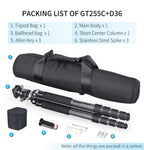 INNOREL GT255C tripod package contents tripod D36 ballhead quick release plate tripod bag allen key weight hook