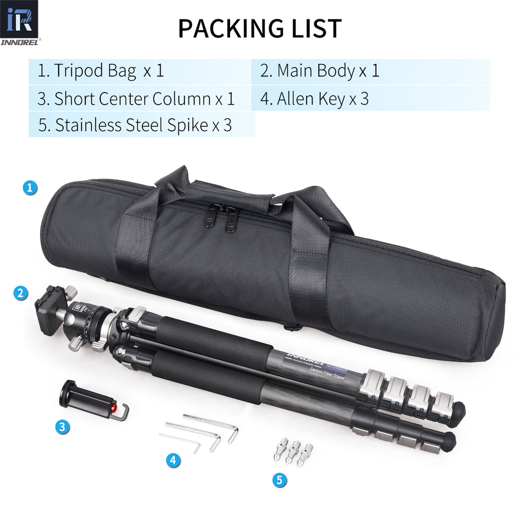 INNOREL GT255CF tripod package contents tripod D36 ballhead quick release plate tripod bag allen key short center column