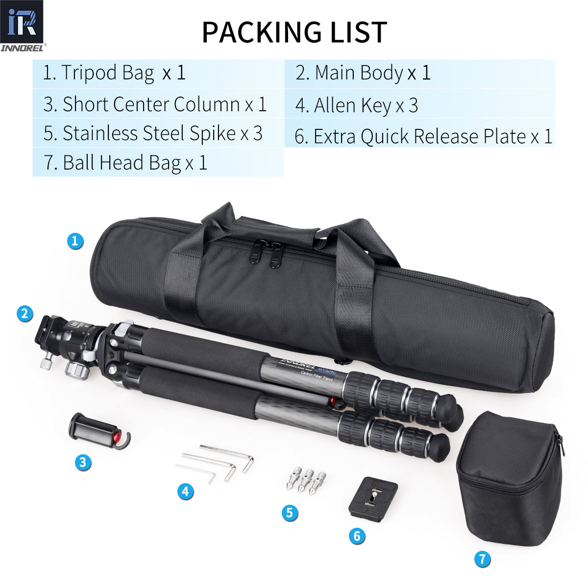 INNOREL GT324C tripod package contents tripod N44 ballhead quick release plate tripod bag allen key short mid-column