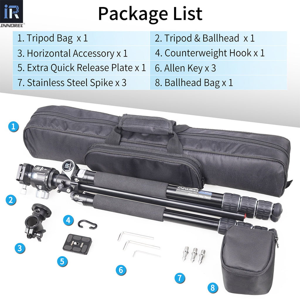 INNOREL HT284A tripod package contents tripod N44 ballhead quick release plate tripod bag allen key weight hook