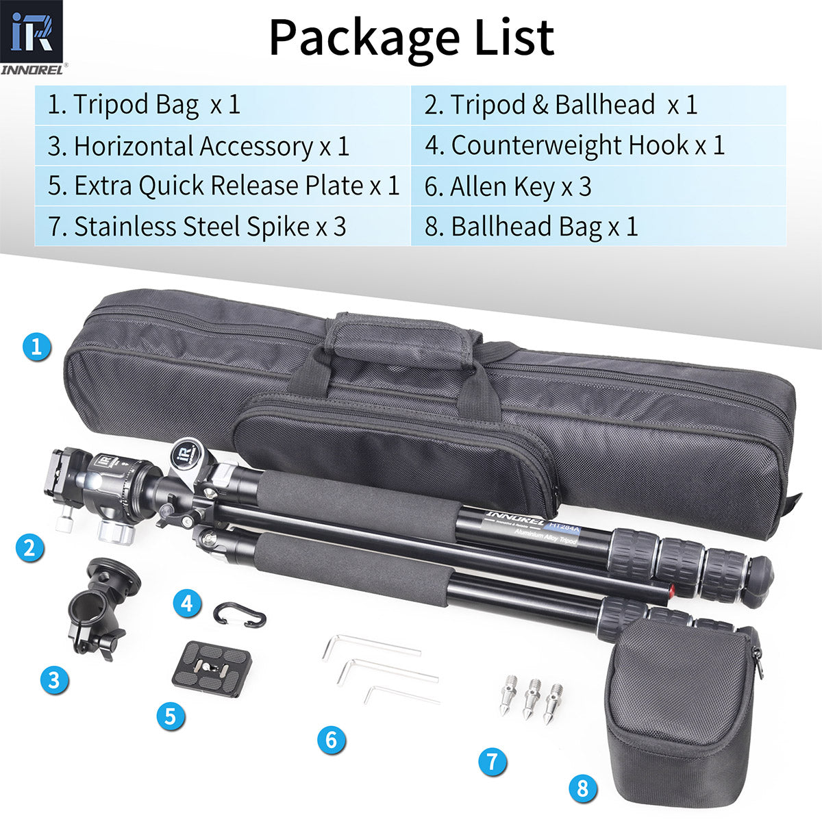 INNOREL HT284A tripod package contents tripod N44 ballhead quick release plate tripod bag allen key weight hook