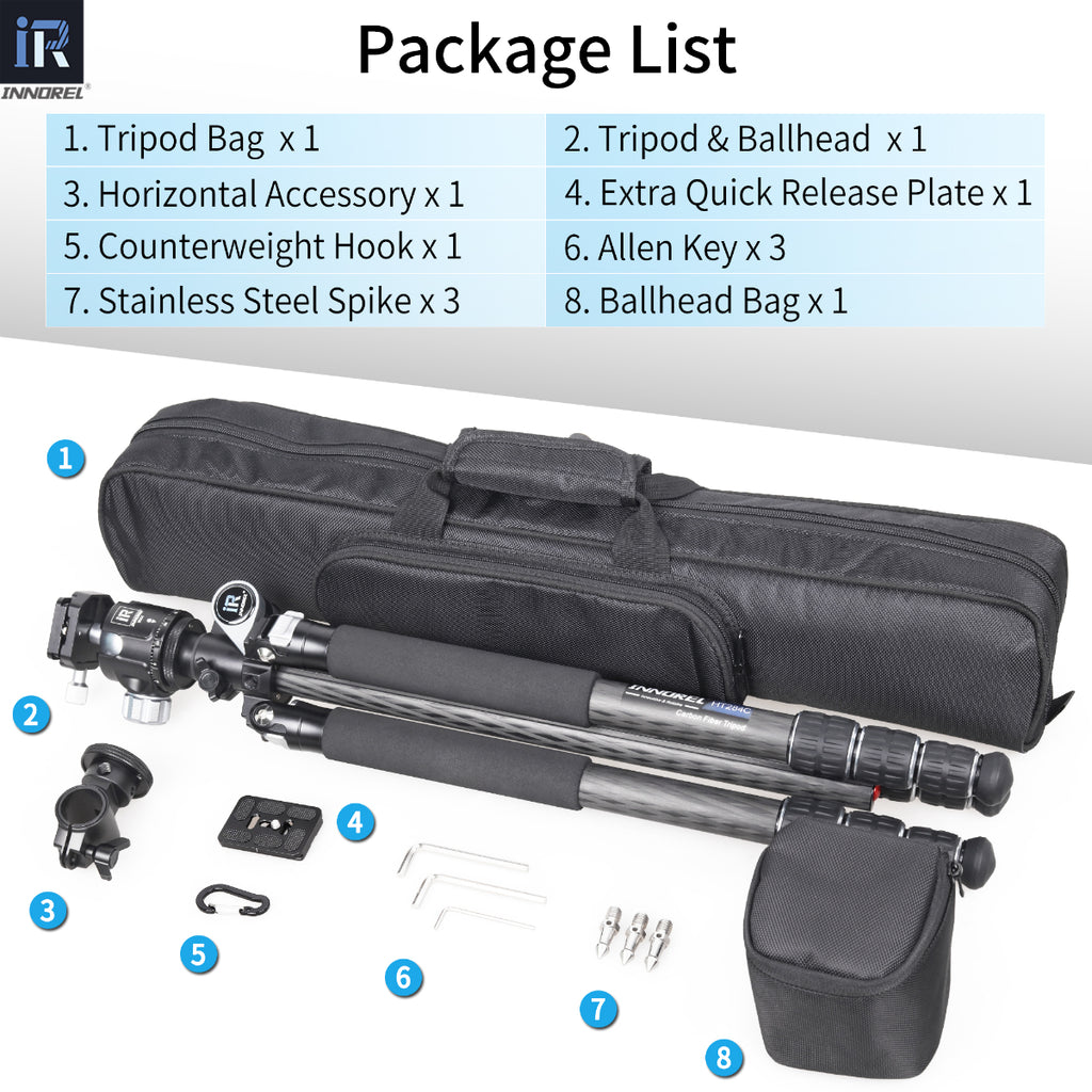 INNOREL HT284C tripod package contents tripod N44 ballhead quick release plate tripod bag allen key weight hook
