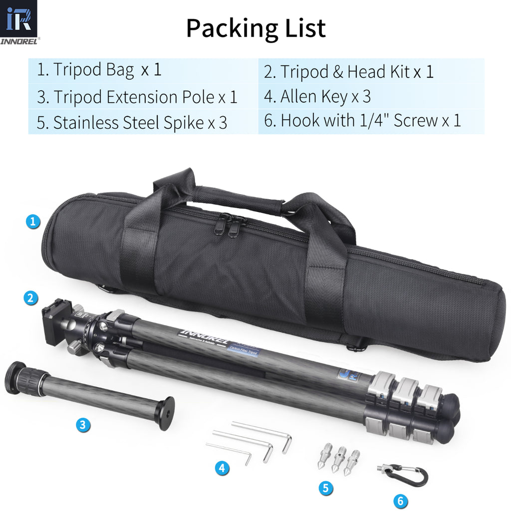 INNOREL KT254CF tripod package contents tripod D36 ballhead quick release plate tripod bag allen key 