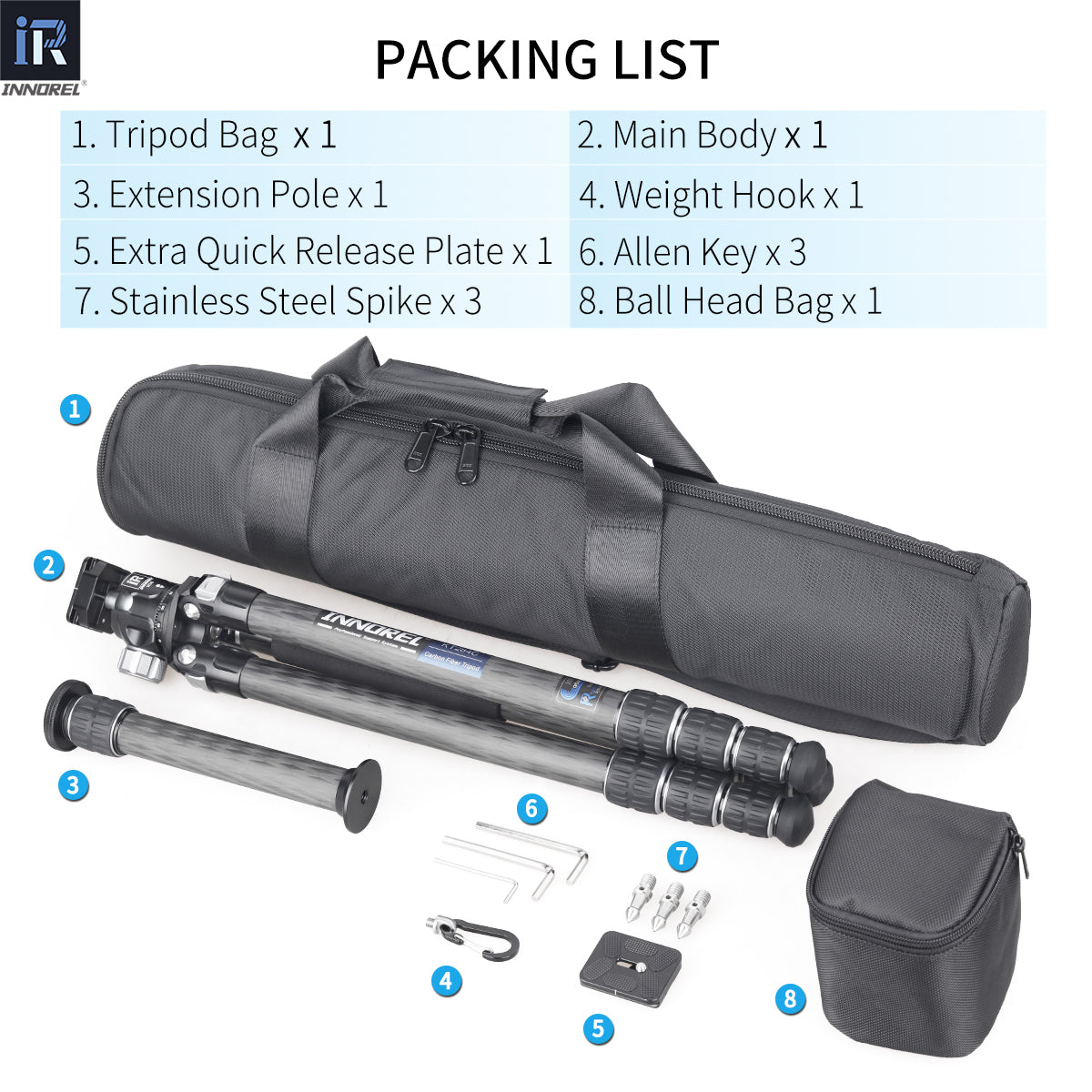 INNOREL KT284C tripod package contents tripod N36 ballhead quick release plate tripod bag allen key weight hook