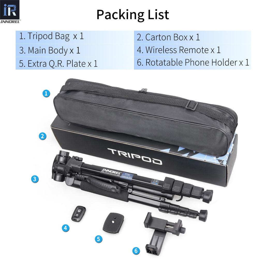 INNOREL RT20 tripod package contents tripod wireless remote extra Q.R. plate rotatable phone holder