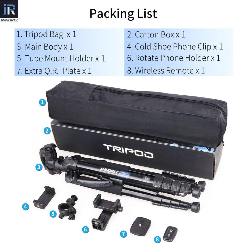 INNOREL RT20H tripod package contents tripod  tripod bag cold shoe phone clip tube mount holder wireless remote