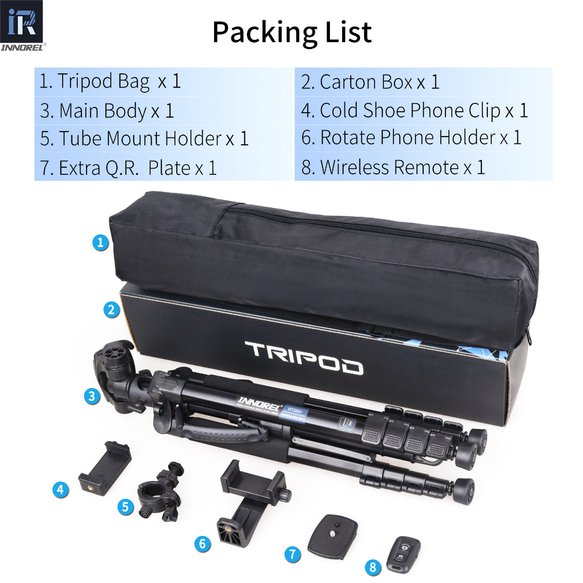 INNOREL RT20H tripod package contents tripod  tripod bag cold shoe phone clip tube mount holder wireless remote