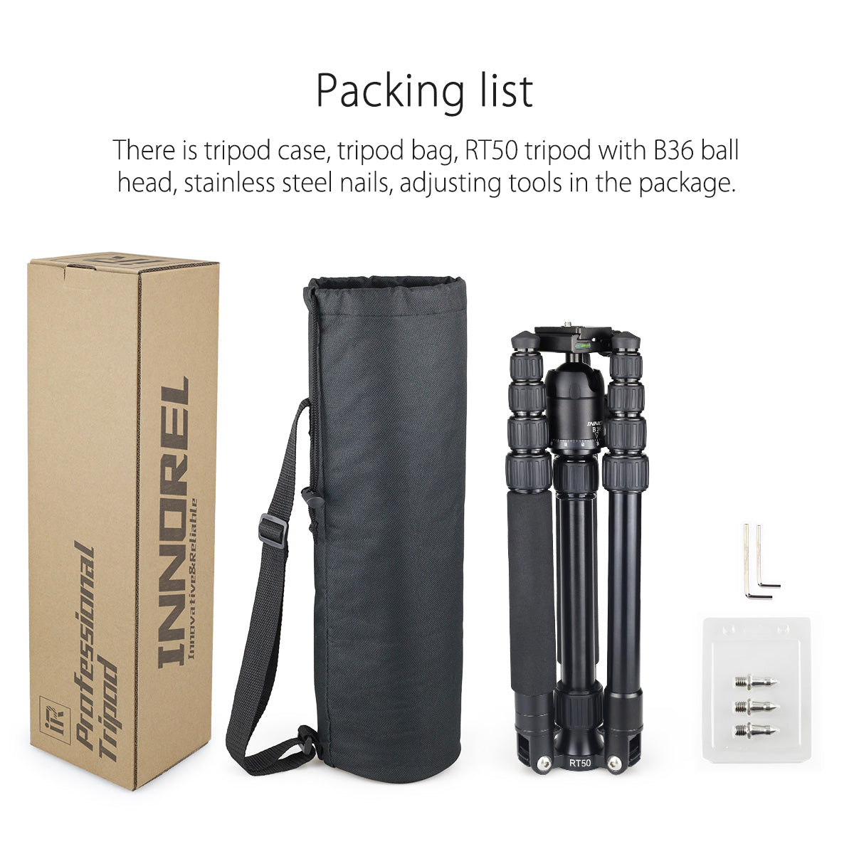 INNOREL RT50 tripod package contents tripod B36 ballhead quick release plate tripod bag allen key