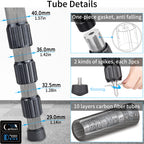 40mm max tube, one-piece gasket, anti falling; 3 rubber feet and alloy feet; 10 layrs carbon fiber tubes