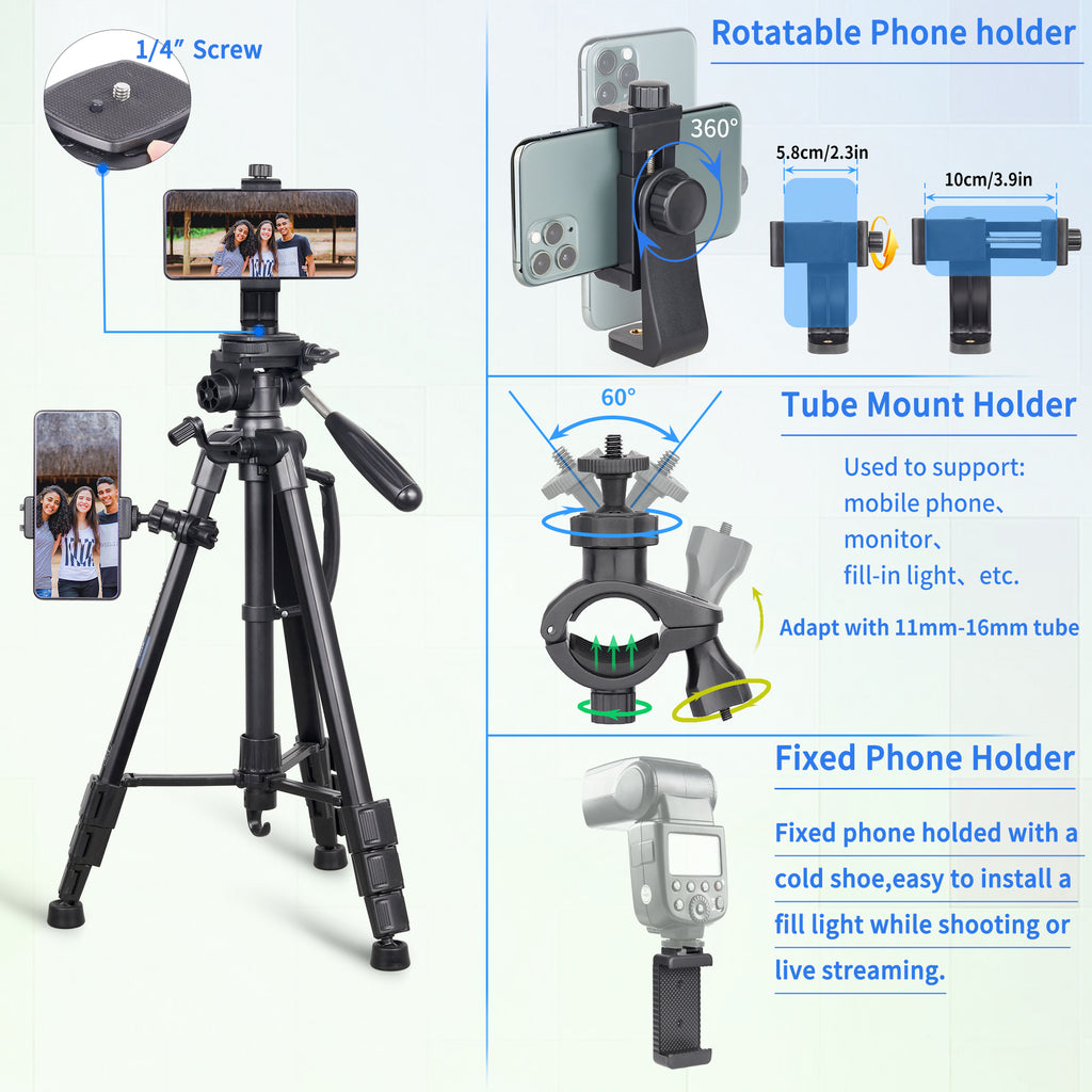 tripod accessories including rotatable phone holder, tube mount holder, fixed phone holder