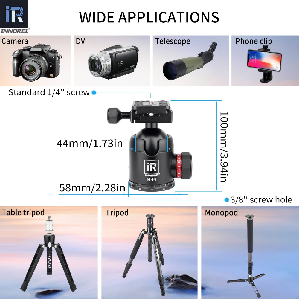 INNOREL K36/K44 36mm/44mm Professional Tripod Ball Head Aluminum Panoramic Arca Swiss Structure Max Load 20/25kg for Camera DLSR