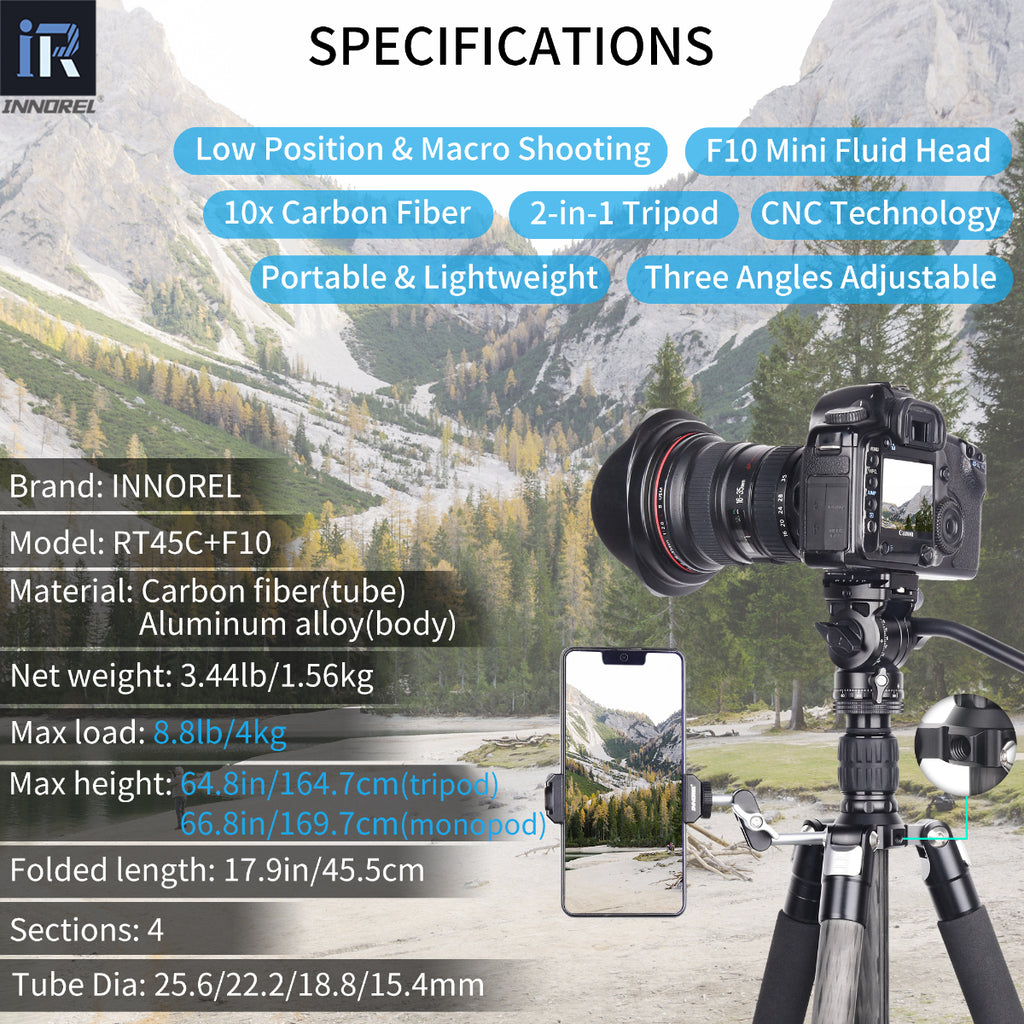 RT45C tripod with F10 tripod head specifications including 164.7cm max height 1.56kg weight 4kg load