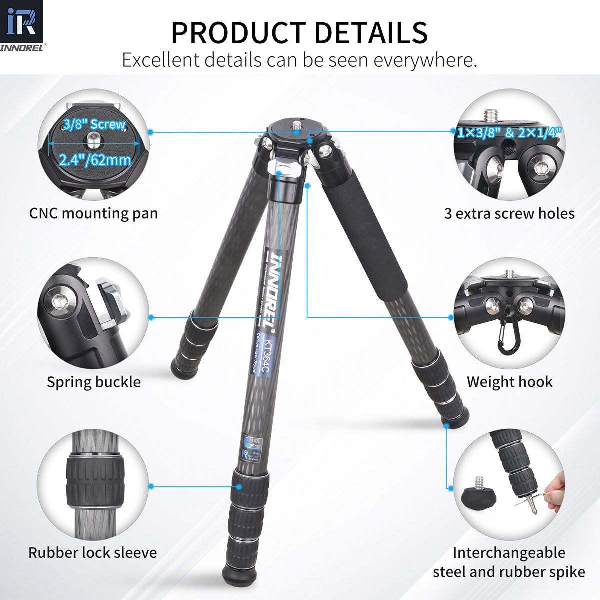 Carbon Fiber Camera Tripod 36mm Tube INNOREL KT364C