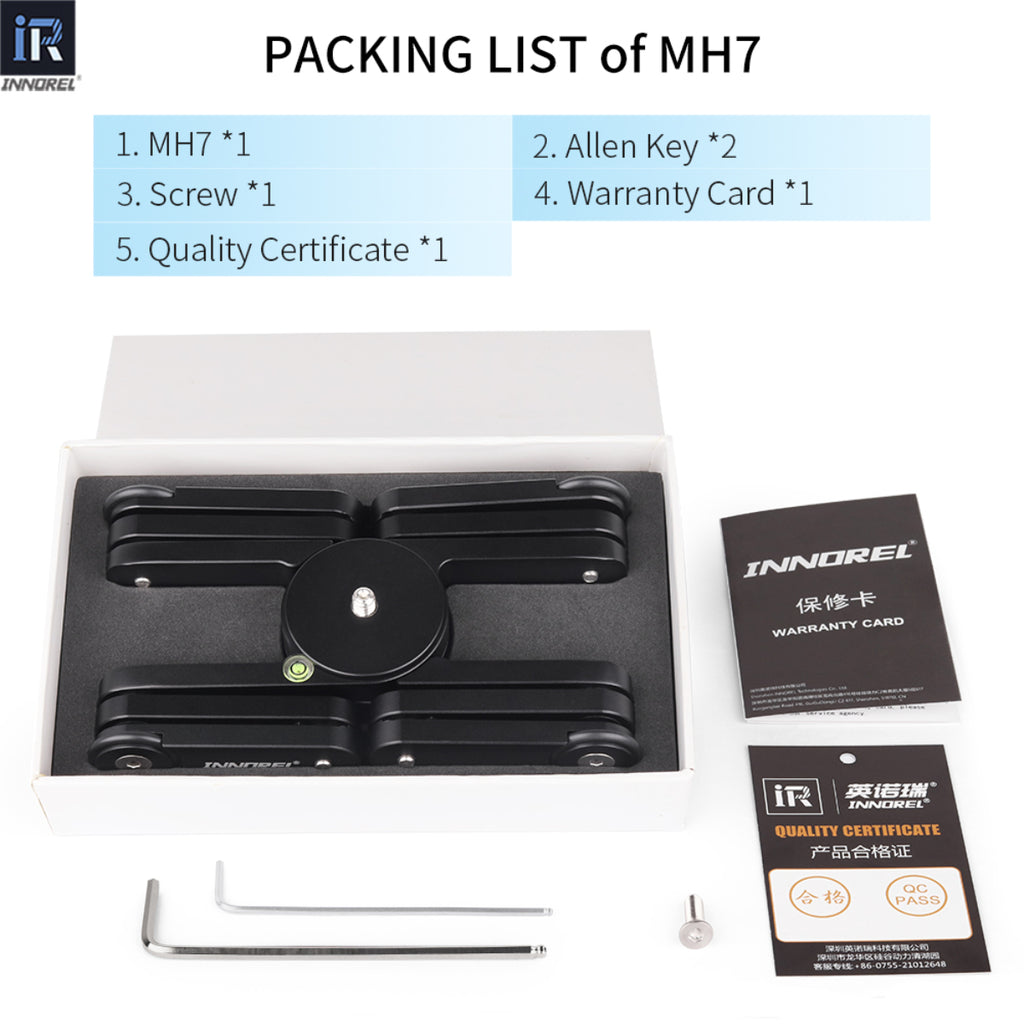 INNOREL MH7 package contents aluminum alloy mini desktop tripod 2 allen key warranty card quality certificate screw