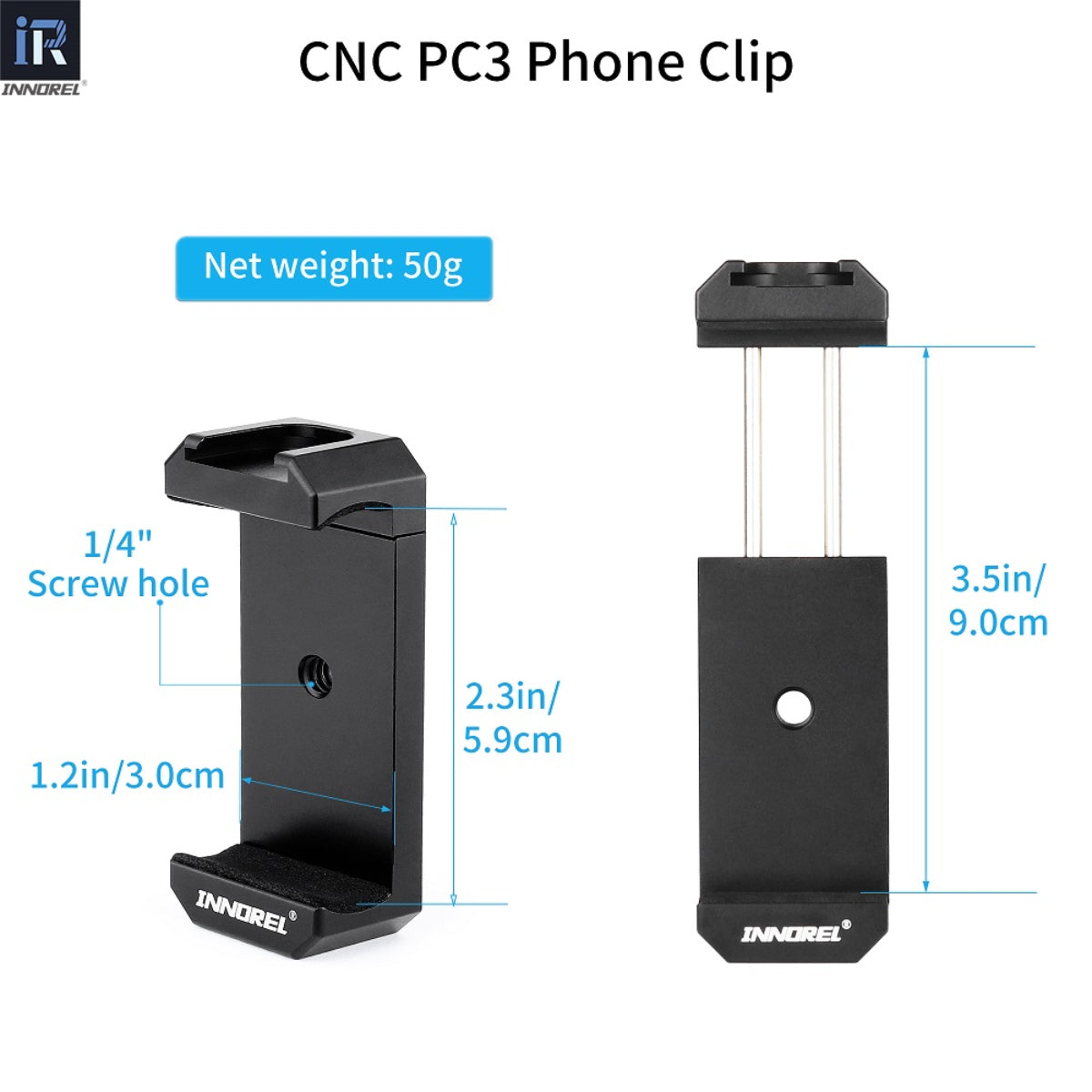 INNOREL CNC PC3 phone clip height 5.9cm max height 9.0cm width 3cm with 1/4in screw hole net weight 50g