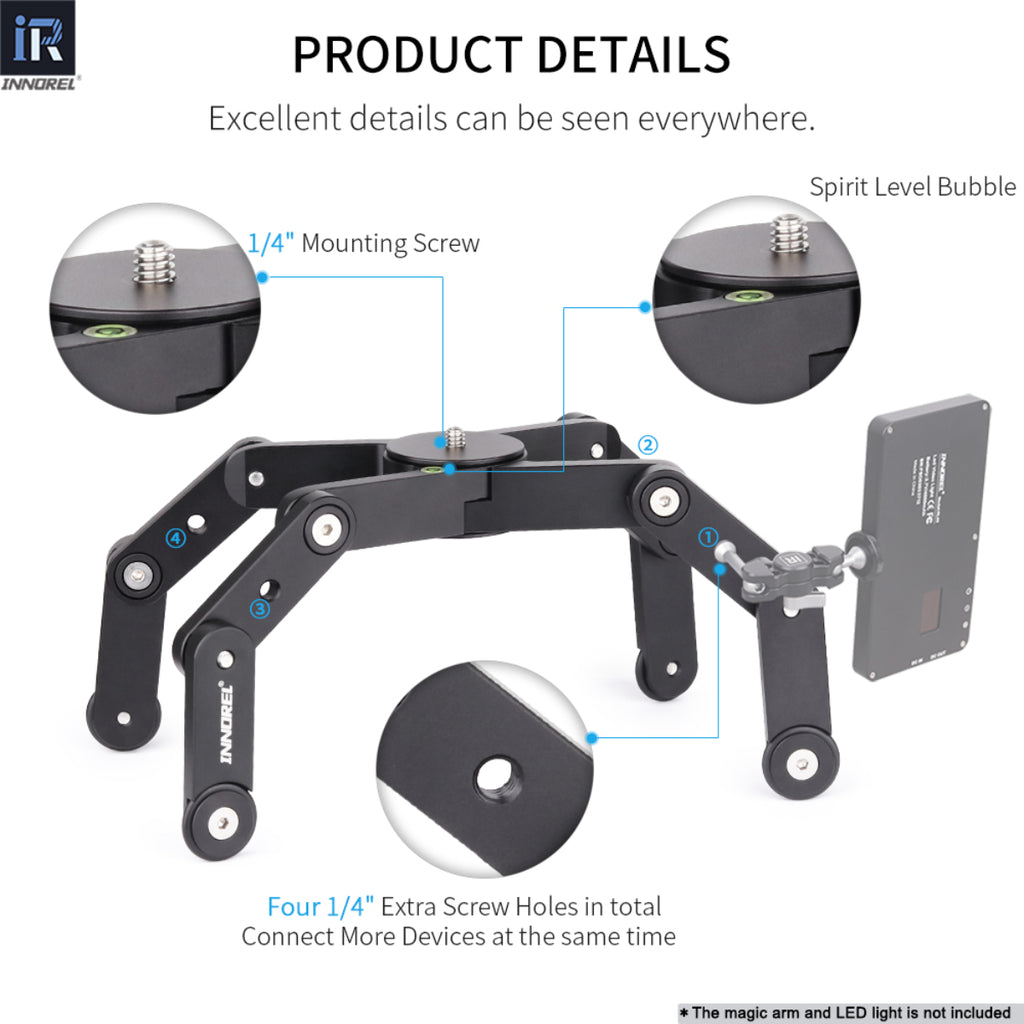 INNOREL MH7  aluminum alloy mini desktop tripod details 1/4" mounting screw spirit level bubble four 1/4"Extra dcrew holes in total connect more devices at the same time