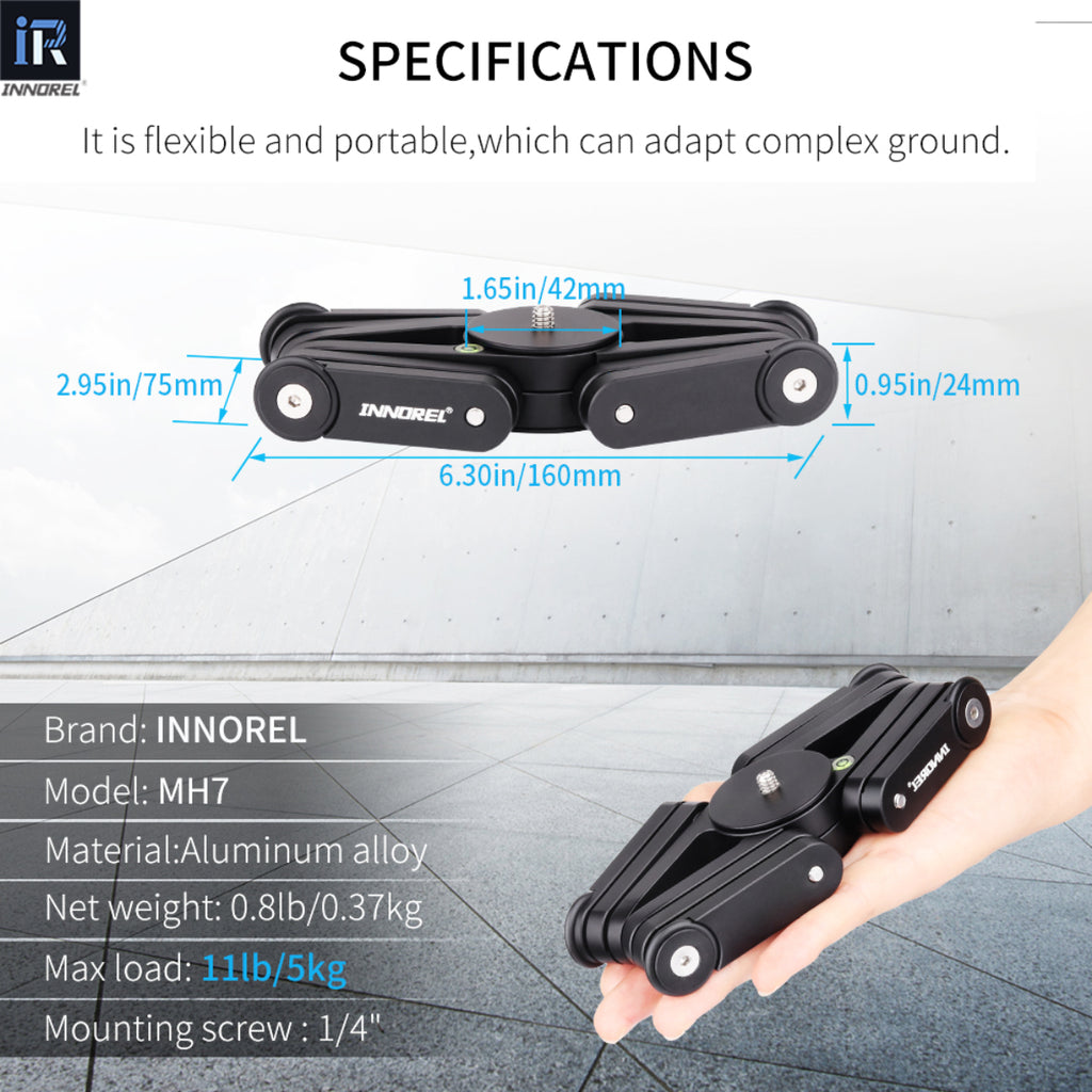 INNOREL MH7 flexible portable aluminum alloy mini desktop tripod can adapt complex ground max load 5kg 1/4in mounting screw