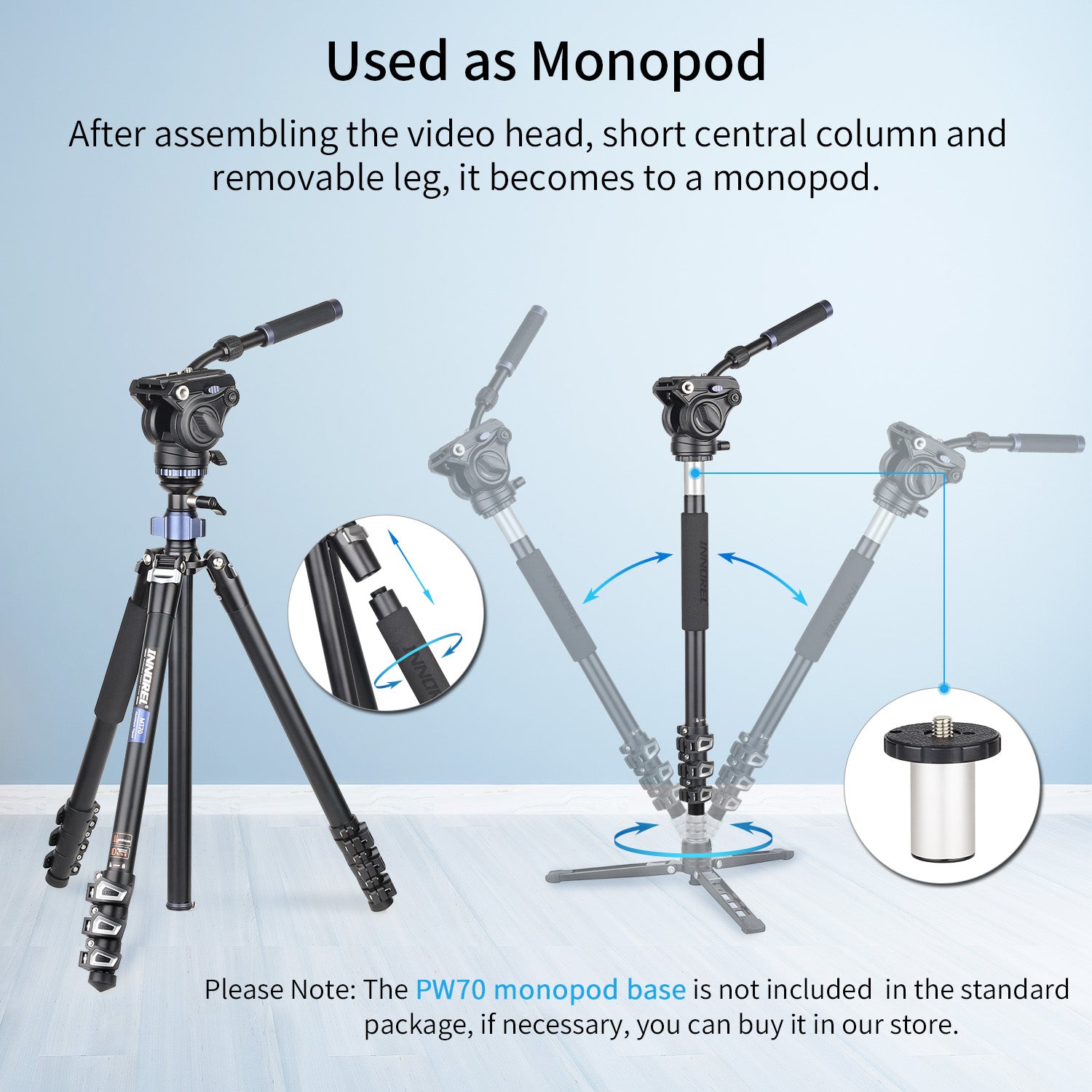 MT70 tripod can be converted into a monopod