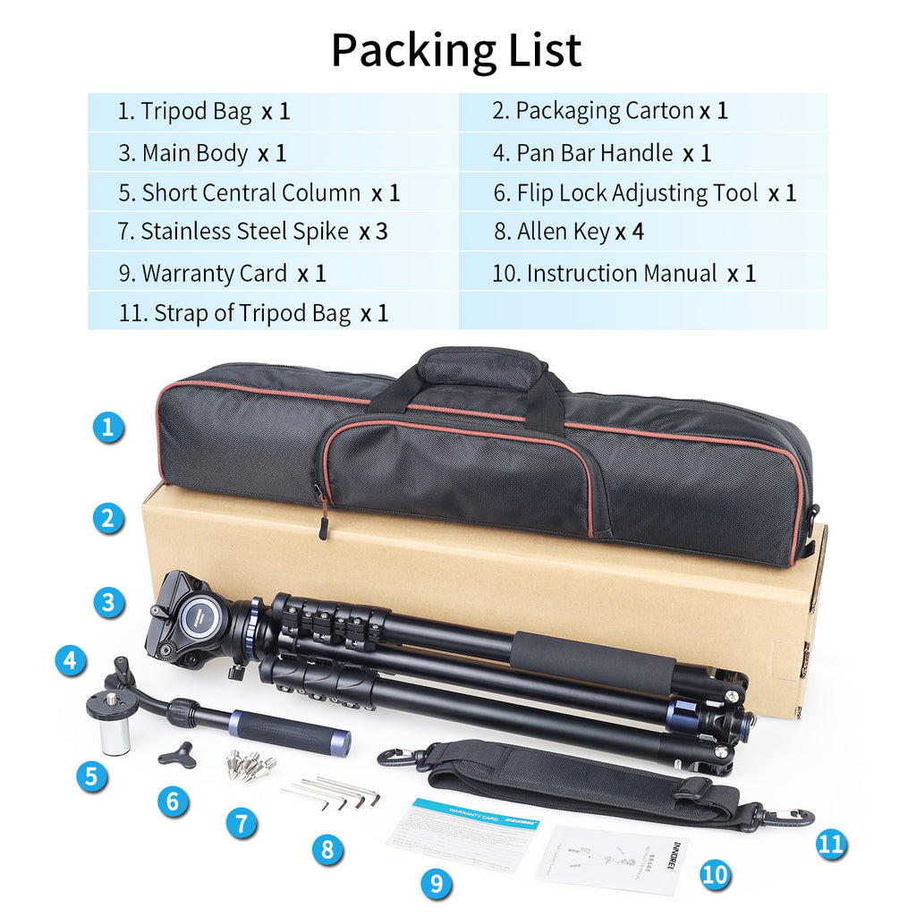MT70 F60 packing list include tripod, fluid head, carry bag, stainless steel spike