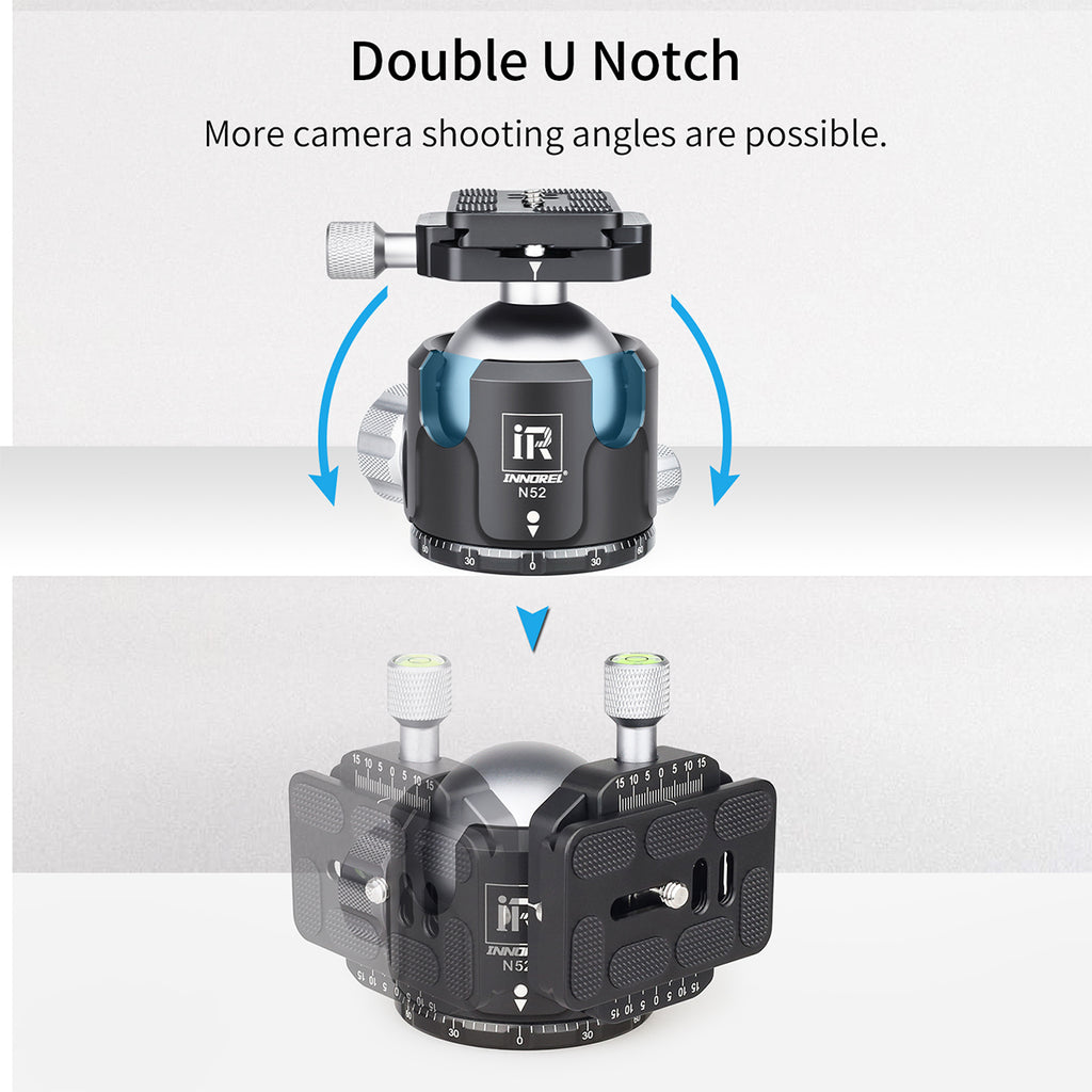 INNOREL N52 ballhead featuring double U-notch cutouts allowing vertical shots without restriction